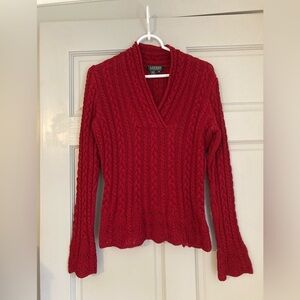Ralph Lauren  Red Cable Knit Sweater Size MP Chunky V Neck Fisherman Cotton